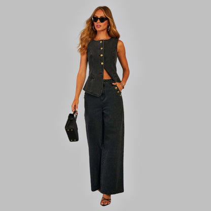 Sleeveless Denim Top / Wide-Leg Jeans