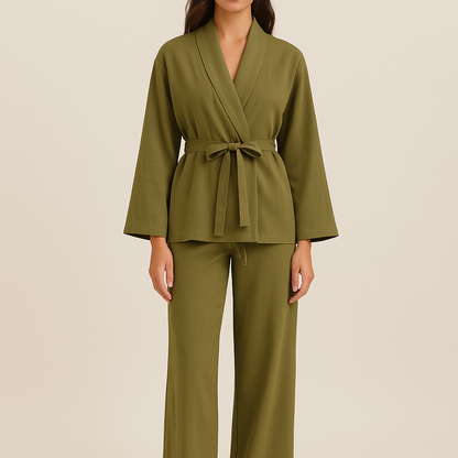 Relaxed Lounge Set with Belted Wrap Top